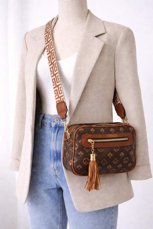 Bruine Schouder/crossbodytas met Kaartenpatroon – Verstelbare Riem