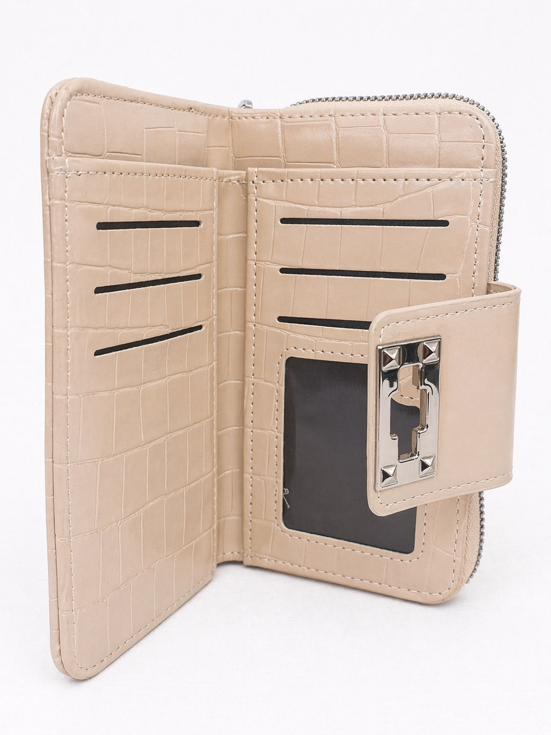 Beige/Taupe Portefeuille Croco Look – Stijlvol & Compact met Rits