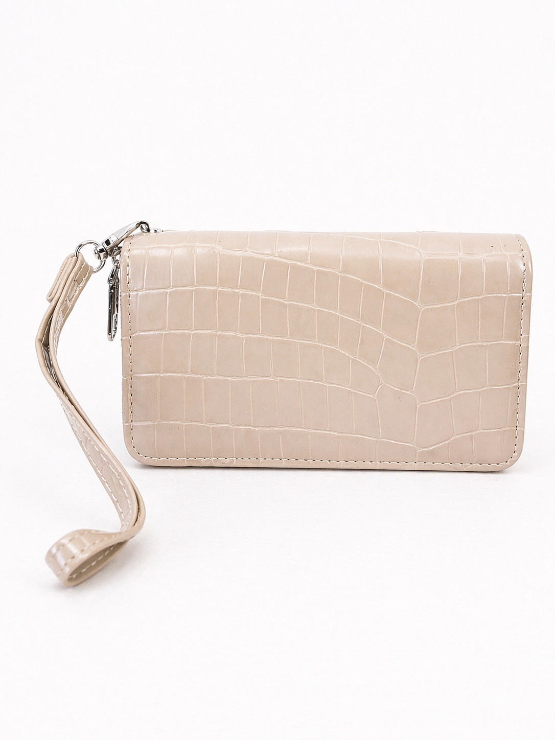 Beige/Taupe Portefeuille Croco Look – Stijlvol & Compact met Rits